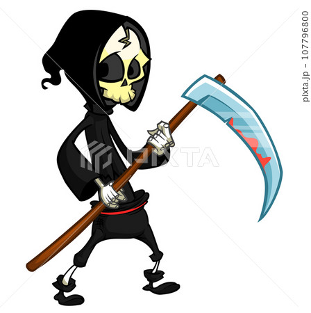Grim reaper cartoon character with scythe. Halloween skeleton design for party invitation or poster. Vector isolated Grim reaper cartoon character with scythe. Halloween skeleton design for party invitation or poster. Vector isolated 107796800