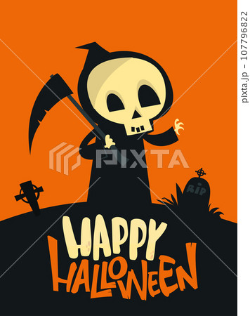 Cartoon grim reaper with scythe. Halloween scary death character illustration. Party poster 107796822