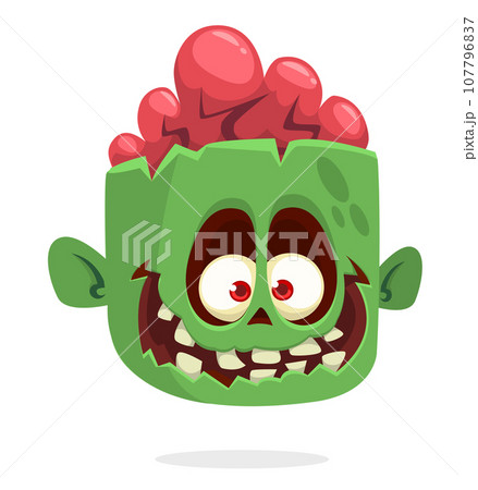 Cartoon funny green zombie character design with scary face expression. Halloween vector illustration isolated on white.Party poster 107796837