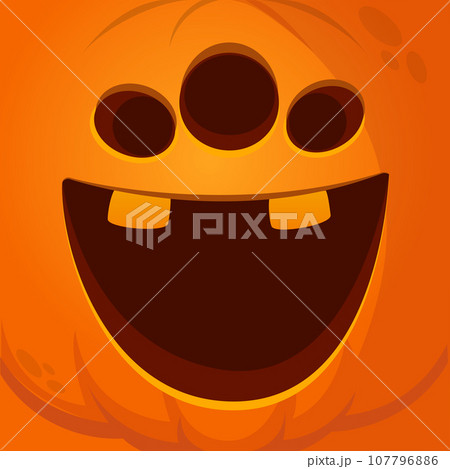Cartoon funny Halloween pumpkin head with scary face expression. Vector illustration of jack-o-lantern monster character design with carved emotion Cartoon funny Halloween pumpkin head with scary face expression. Vector illustration of jack-o-lantern monster character design with carved emotion 107796886