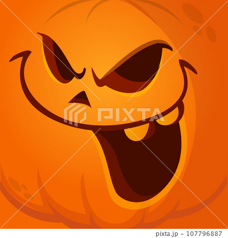 Cartoon funny  Halloween pumpkin head with scary face expression. Vector illustration of jack-o-lantern monster character design with carved emotion 107796887