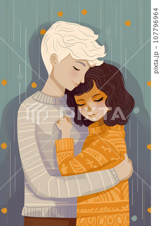 Illustration of a cute white teenage couple in sweaters hugging. Puppy love of two young people. A tender moment between a boy and a girl embracing each other Illustration of a cute white teenage couple in sweaters hugging. Puppy love of two young people. A tender moment between a boy and a girl embracing each other 107796964
