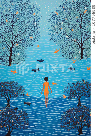 Rear view of naked woman standing in sea water...のイラスト素材 [107796989