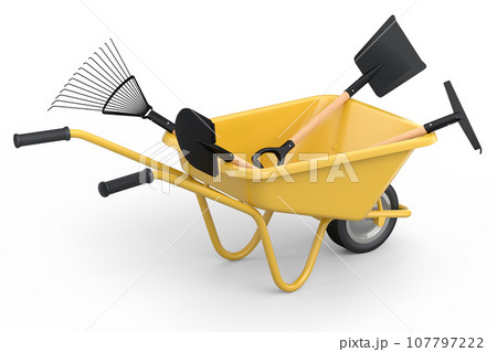 Garden wheelbarrow with garden tools like shovel, rake and fork on white. Garden wheelbarrow with garden tools like shovel, rake and fork on white. 107797222