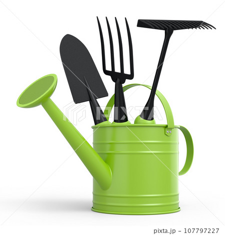 Watering can with garden tools like shovel, rake and fork on white background. Watering can with garden tools like shovel, rake and fork on white background. 107797227