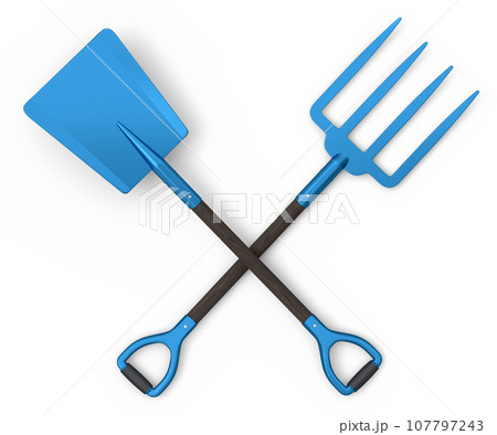 Set of garden pitchfork and shovel with wooden handle for harvesting hay Set of garden pitchfork and shovel with wooden handle for harvesting hay 107797243