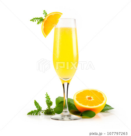 Mimosa cocktail with bubbly champagne and orange juice on white background 107797263