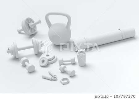 Isometric view of sport equipment like kettlebell, fitness ball and yoga mat 107797270