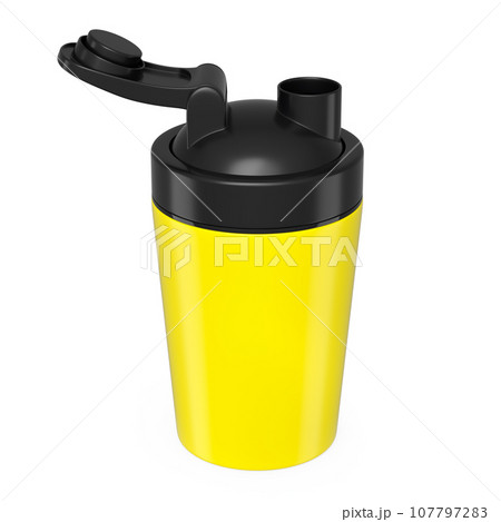 Yellow plastic sport shaker for protein drink isolated on white background. 107797283