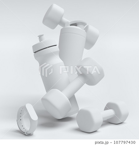 Isometric view of sport equipment like kettlebell, dumbbell and smart watches 107797430