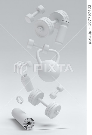 Isometric view of sport equipment like kettlebell, dumbbell and smart watches 107797432