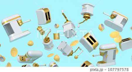 Many of flying espresso machine with horn, cups, geyser coffee maker and grinder 107797578