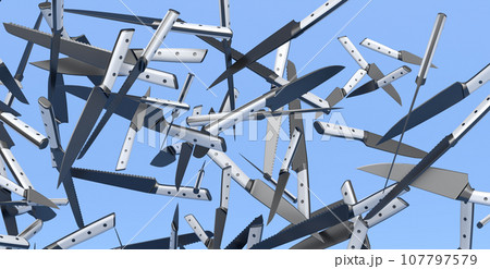 Many of flying chef's kitchen knives on blue background 107797579