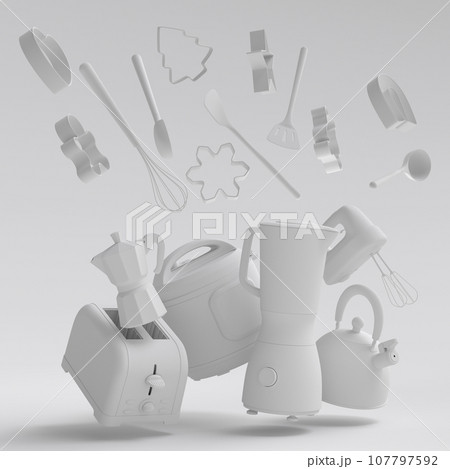 Espresso coffee machine, hand mixer, kettle and toaster on monochrome background 107797592