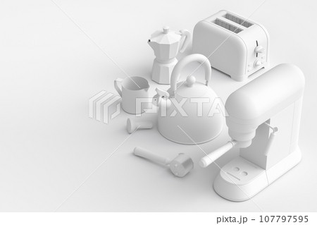 Kitchen appliances and utensils for making breakfast on monochrome background 107797595