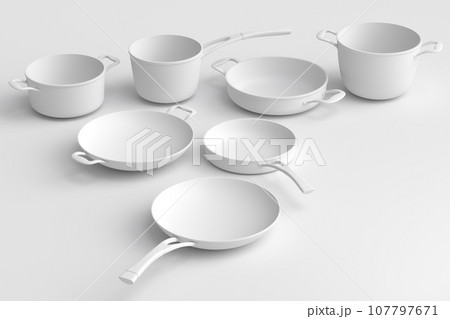 Set of flying stewpot, frying pan and chrome plated cookware on monochrome Set of flying stewpot, frying pan and chrome plated cookware on monochrome 107797671