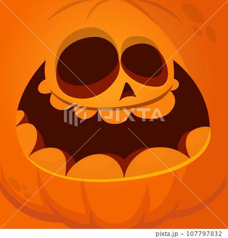 Cartoon funny  Halloween pumpkin head with scary face expression. Vector illustration of jack-o-lantern monster character design with carved emotion 107797832
