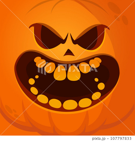 Cartoon funny Halloween pumpkin head with scary face expression. Vector illustration of jack-o-lantern monster character design with carved emotion Cartoon funny Halloween pumpkin head with scary face expression. Vector illustration of jack-o-lantern monster character design with carved emotion 107797833
