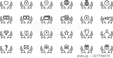 両手といろいろな線画アイコンのセット 107798070