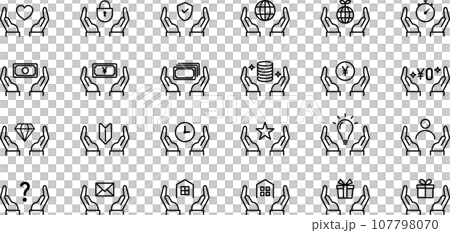 両手といろいろな線画アイコンのセット 107798070