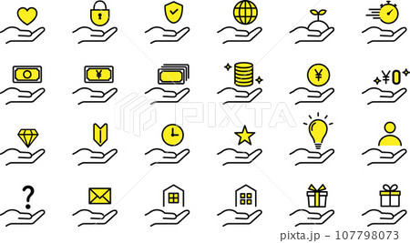 おしゃれな手のひらといろいろな線画アイコンのセット おしゃれな手のひらといろいろな線画アイコンのセット 107798073