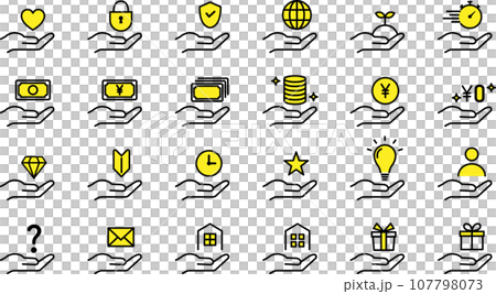 おしゃれな手のひらといろいろな線画アイコンのセット おしゃれな手のひらといろいろな線画アイコンのセット 107798073