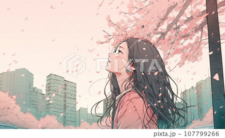 都会の桜と見上げる女性　AI生成画像 107799266