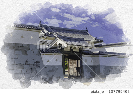 水彩画風 赤穂城 本丸門 兵庫県赤穂市 水彩画風 赤穂城 本丸門 兵庫県赤穂市 107799402