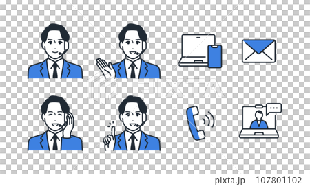 コールセンターのオペレーターの男性のシンプルなベクターアイコンイラストセット素材 コールセンターのオペレーターの男性のシンプルなベクターアイコンイラストセット素材 107801102