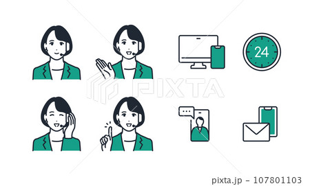 コールセンターのオペレーターの女性のシンプルなベクターアイコンイラストセット素材 107801103