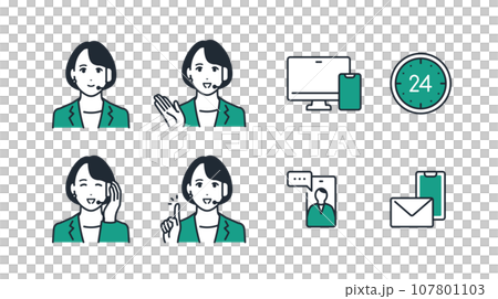 コールセンターのオペレーターの女性のシンプルなベクターアイコンイラストセット素材 107801103