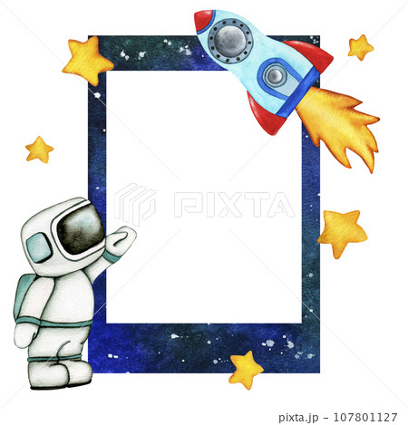 Galaxy frame. Cute Astronaut and rocket in space isolated on transparent background. Watercolor Illustration of outer space with stars 107801127