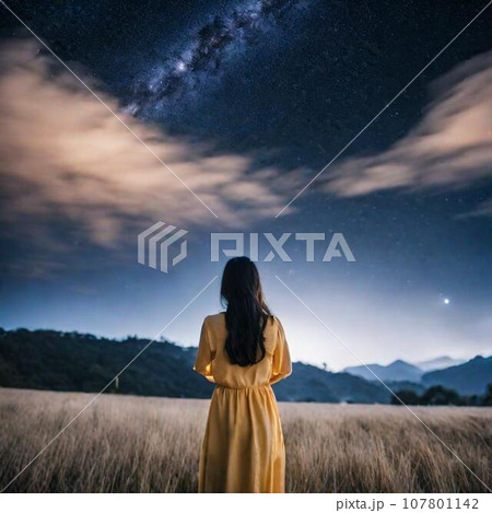 星空を眺める女性の後ろ姿 107801142