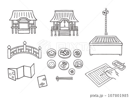 お寺にまつわる手描きイラストセット（モノクロ） 107801985