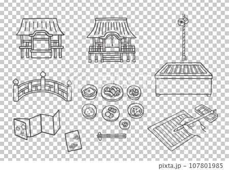 Hand-drawn illustration set related to temples (monochrome) 107801985