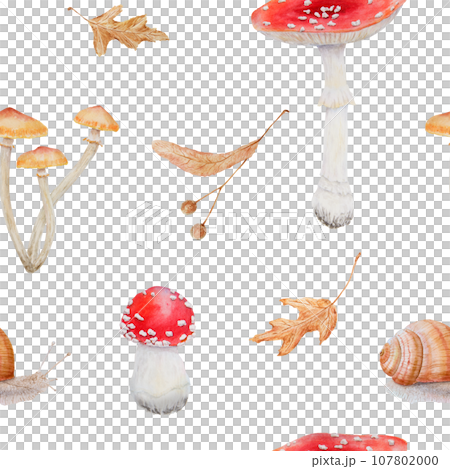 Seamless pattern with Red fly agaric, dry leaves, linden seeds, snail, poisonous mushroom. Galerina marginata, Amanita muscaria . Watercolor hand drawn realistic illustration for paper, textile, print 107802000