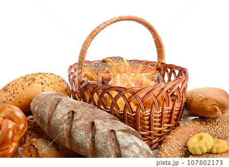 Collection of bread products isolated on white Collection of bread products isolated on white 107802173