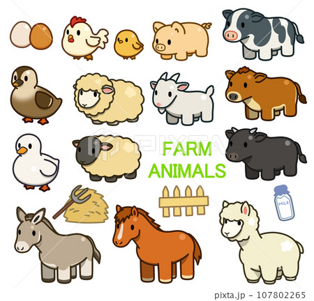 ファームアニマルのデフォルメイラスト【牧場の動物セット】 ファームアニマルのデフォルメイラスト【牧場の動物セット】 107802265