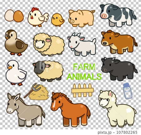 ファームアニマルのデフォルメイラスト【牧場の動物セット】 ファームアニマルのデフォルメイラスト【牧場の動物セット】 107802265