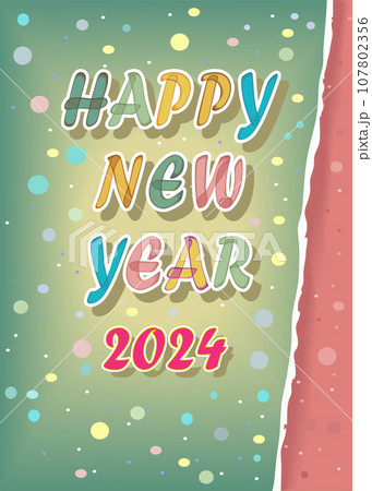 A festive New Year's 2024 illustration of colorful letters and a red number 2024 with a watercolor effect and white outlines. The background is green and red, with a torn paper edge and confetti. A festive New Year's 2024 illustration of colorful letters and a red number 2024 with a watercolor effect and white outlines. The background is green and red, with a torn paper edge and confetti. 107802356