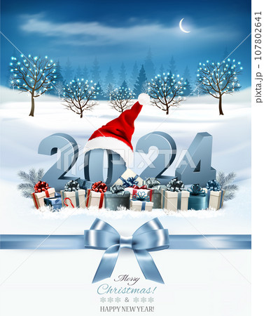 Holiday Christmas and Happy New Year 2024 background. Evening landscape and christmas colorful presents and Santa hat. Vector 107802641