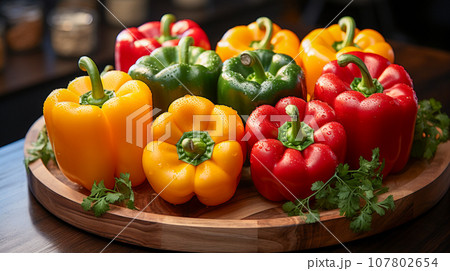 Bell pepper , Red, green and yellow sweet bell peppers on The  Cutting board , photo realistic, AI generated 107802654