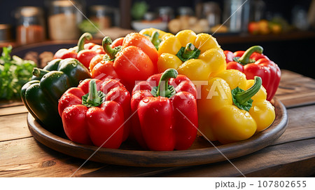 Bell pepper , Red, green and yellow sweet bell peppers on The  Cutting board , photo realistic, AI generated 107802655