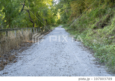 forest road in October - Steamboat Trace Trail converted from old railroad near Brownville, Nebraska forest road in October - Steamboat Trace Trail converted from old railroad near Brownville, Nebraska 107803789