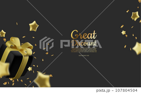 Realistic holiday design with Gift box around stars. Festive background with luxury gift box. 3d render object. Holiday banner, web poster, greeting card. vector illustration Realistic holiday design with Gift box around stars. Festive background with luxury gift box. 3d render object. Holiday banner, web poster, greeting card. vector illustration 107804504