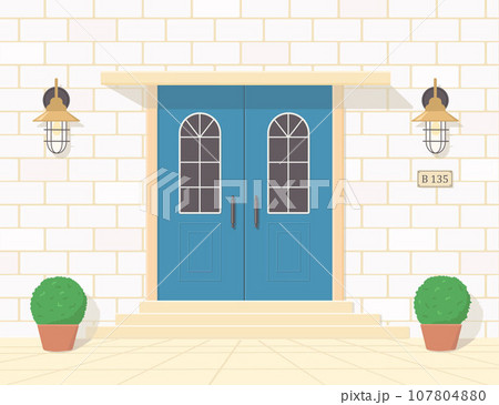 Blue double front door with glass. Entrance to house with lanterns 107804880