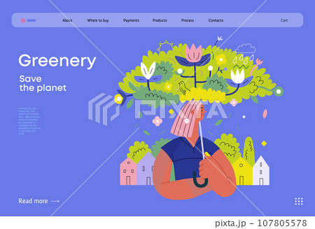 Greenery, ecology -modern flat vector concept illustration of a woman under the green lush umbrella of plants and flowers. Metaphor of environmental sustainability and protection, closeness to nature Greenery, ecology -modern flat vector concept illustration of a woman under the green lush umbrella of plants and flowers. Metaphor of environmental sustainability and protection, closeness to nature 107805578