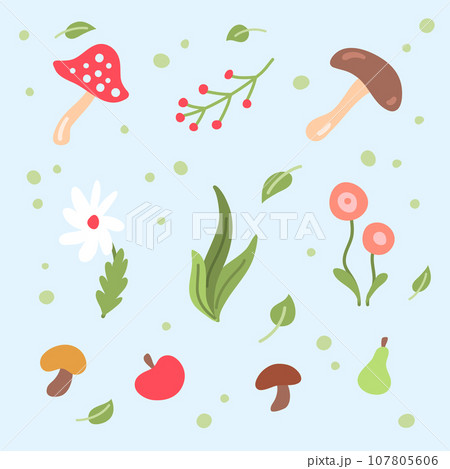 Cartoon Color Autumn Floral and Plants Collection Concept Flat Design Style Include of Berry Branch and Mushroom. Vector illustration Cartoon Color Autumn Floral and Plants Collection Concept Flat Design Style Include of Berry Branch and Mushroom. Vector illustration 107805606