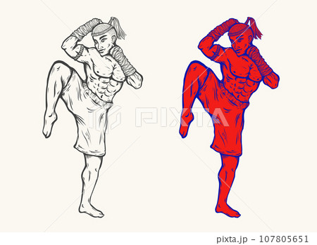 Vector illustration of Thai fighter for fighting club. Vector illustration of fighter for Muay Thai club. Martial art. 107805651