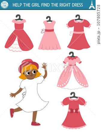 France matching activity. Puzzle with girl in pink dress. Find correct clothes printable worksheet. Funny page for kids with woman in hat and beautiful gown 107805728
